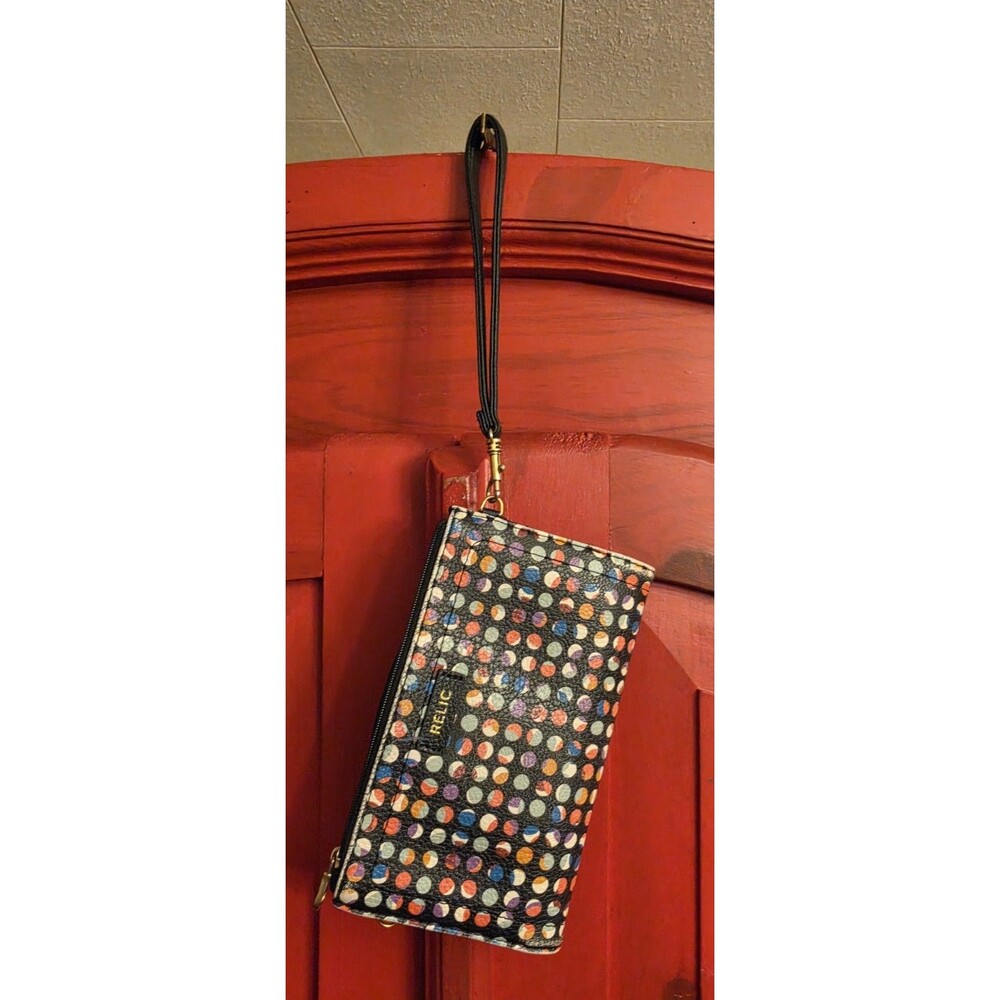 Relic by Fossil Polka Dot Wristlet Wallet Black Multicolor Zipper Pouch EUC